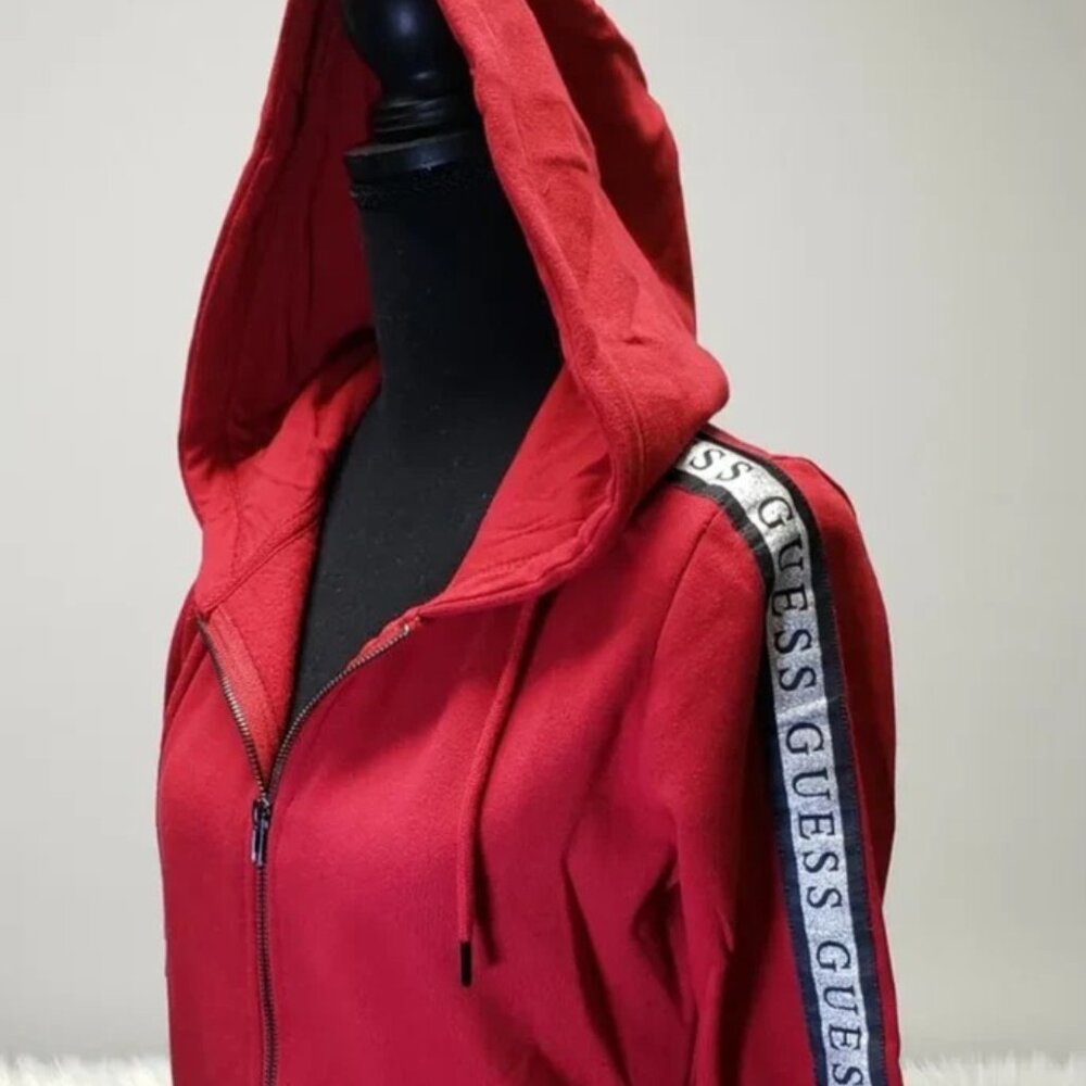 GUESS Tusk Zip Up Red Women's Hoodie w/ Black Silver Metallic GUESS On Sleeve